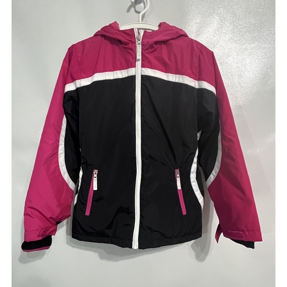 Lands End Girl Medium 10-12 Coat Jacket Pink Black Ski Snow Hooded Zip